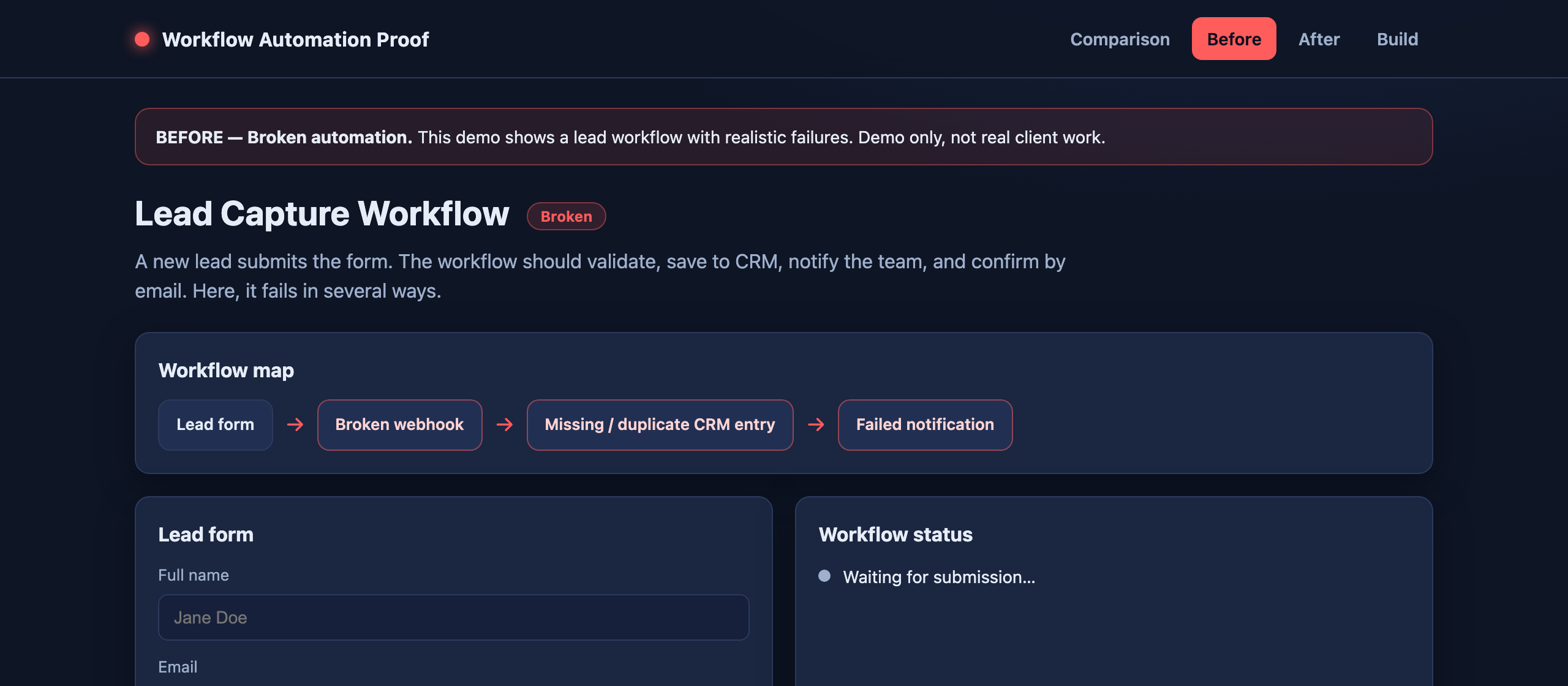 Before: lead workflow fails silently with vague errors and missing notifications